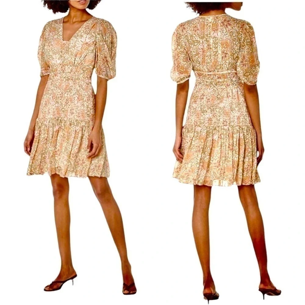 SHOSHANNA Aubrey metallic smocked puff sleeve mini dress size 4 - Picture 6 of 9